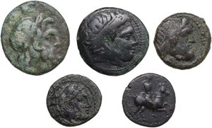 obverse: Greek World, Continental Greece. Lot of 5 unclassified AE denominations, including: Philip II and Lysimachos of Macedon, Thessalonika, Krannon