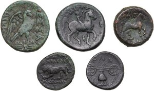 reverse: Greek World, Continental Greece. Lot of 5 unclassified AE denominations, including: Philip II and Lysimachos of Macedon, Thessalonika, Krannon