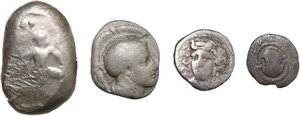 obverse: Greek World - Continental Greece and Greek Asia. Lot of 4 unclassified AR denominations, including: Aspendos, Larissa, Tanagra and Pharsalos