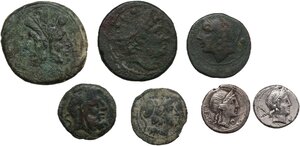 obverse: The Roman Republic.. Lot of 7 unclassified denominations, including: 2 AR Denarii and 5 AE denominations