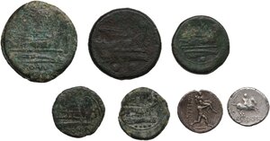reverse: The Roman Republic.. Lot of 7 unclassified denominations, including: 2 AR Denarii and 5 AE denominations