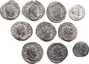 obverse: The Roman Empire. Lot of 10 unclassified AR and AE denominations, including: Augustus, Septimius Severus, Postumus, Gallienus and Salonina