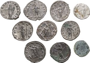 reverse: The Roman Empire. Lot of 10 unclassified AR and AE denominations, including: Augustus, Septimius Severus, Postumus, Gallienus and Salonina