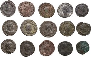 obverse: Lot of 15 unclassified Antoniniani (14) and Follis (1), including: Salonina, Aurelian, Probus, Numerian, Claudius II Gothicus, Valerian, Victorinus, Gallienus, Volusian and Constantine I