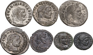 obverse: The Roman Empire. Lot of 7 unclassified AE denominations, including: Constantius II, Crispus, Maximian and Diocletian
