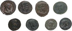 obverse: The Roman Empire.. Lot of 8 unclassified AE denominations, including: Constantine I, Constantius Chlorus, Aurelian, Crispus, Magnentius