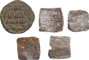 obverse: Islam.  (Spain and North Africa). . Lot of five (5) unclassified mixed coins, including (4) Merinids or Anti-almohads AR dirham with mint Fas and Tilimsan, (1) Idiris AE fals citing  Ali