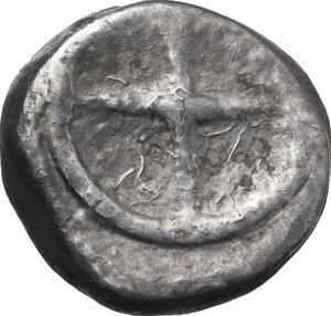 reverse: Southern Apulia, Tarentum. AR Nomos, c. 480-470 BC. Lightly toned, underlying luster