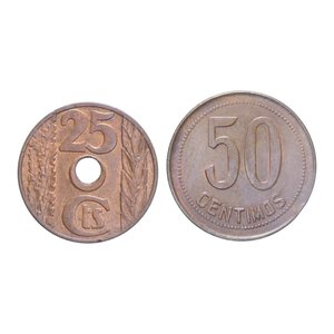 reverse: SPAGNA REPUBBLICA GUERRA CIVILE 25 + 50 CENTIMOS 1938-1937 CU. MED. SPL 