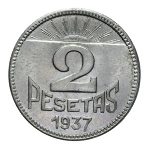 reverse: SPAGNA REPUBBLICA GUERRA CIVILE ASTURIAS AND LEON 2 PESETAS 1937 NI. 7,99 GR. qFDC