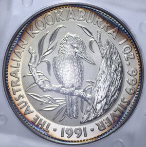 obverse: AUSTRALIA 5 DOLLARI 1991 KOOKABURRA AG. 31,1 GR. PROOF