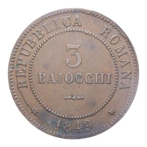 reverse: SECONDA REPUBBLICA ROMANA (1848-1849) 3 BAIOCCHI 1849 ROMA 3 PIATTO 2° TIPO CU. 27,21 GR. BB-SPL