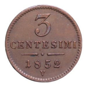 reverse: LOMBARDO VENETO FRANCESCO GIUSEPPE I (1848-1866) 3 CENT. 1852 VENEZIA R CU. 3,42 GR. SPL