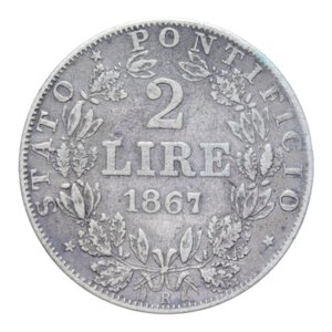 reverse: STATO PONTIFICIO PIO IX (1846-1870) 2 LIRE 1867 AN. XXII AG. 9,87 GR. BB