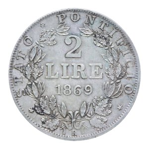 reverse: STATO PONTIFICIO PIO IX (1846-1870) 2 LIRE 1869 AN. XXIV AG. 9,95 GR. BB+