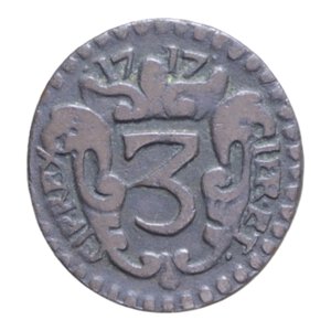 reverse: VITT. AMEDEO II (1675-1730) 3 PICCIOLI 1717 PALERMO IN LEGENDA SIP AL POSTO DI SIC R10 CU. 2,38 GR. MIR. 903i qBB/BB (MANCANTE IN TUTTE LE COLLEZIONI)