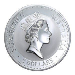 reverse: AUSTRALIA 2 DOLLARI 1993 KOOKABURRA AG. 62,99 GR. PROOF
