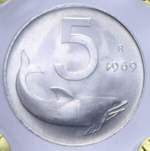 reverse: 5 LIRE 1969 DELFINO 1 ROVESCIATO NC IT. 1 GR. FDC (SIGILLATO ESTENSE)