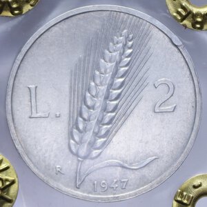 reverse: 2 LIRE 1947 SPIGA RRR IT. 1,75 GR. BB+ (COLPI LUCIDATA) (SIGILLATA CAVALIERE)