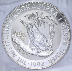 obverse: AUSTRALIA 1 DOLLARO 1992 KOOKABURRA AG. 31,1 GR. PROOF