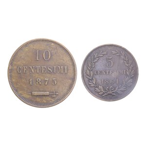 reverse: VECCHIA MONETAZIONE (1864-1938) 10 CENT. 1875 + 5 CENT. 1864 (R) CU. LOTTO 2 MONETE VARIE CONSERVAZIONI     