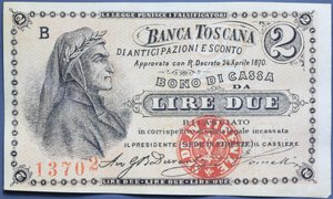 reverse: REGNO D ITALIA BANCA TOSCANA 2 LIRE 24/4/1870 SPL
