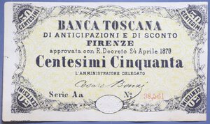 reverse: REGNO D ITALIA BANCA TOSCANA 50 CENT. 24/4/1870 SPL