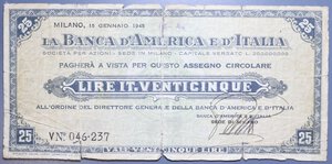 reverse: REGNO D ITALIA BANCA D AMERICA E D ITALIA 25 LIRE 1945 ASSEGNO MB
