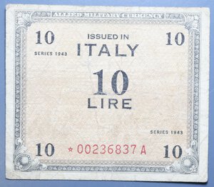 reverse: REGNO D ITALIA OCCUPAZIONE AMERICANA 10 LIRE 1943 MONOLINGUA AM-LIRE CON STELLA RRR MB-BB