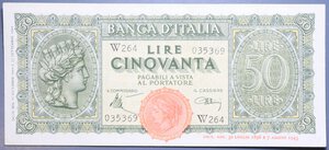reverse: LUOGOTENENZA 50 LIRE 1944 ITALIA TURRITA SERIE SOSTITUTIVA W RR SPL