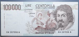 reverse: REPUBBLICA ITALIANA 100000 LIRE 1983 CARAVAGGIO 1° TIPO SERIE SOSTITUTIVA XA-A RRR BB-SPL
