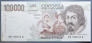 reverse: REPUBBLICA ITALIANA 100000 LIRE 1985 CARAVAGGIO 1° TIPO SERIE SOSTITUTIVA XB-A RR BB-SPL (MACCHIE)