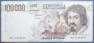reverse: REPUBBLICA ITALIANA 100000 LIRE 1986 CARAVAGGIO 1° TIPO SERIE SOSTITUTIVA XC-B RRR BB+