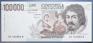 reverse: REPUBBLICA ITALIANA 100000 LIRE 1992 CARAVAGGIO 1° TIPO SERIE SOSTITUTIVA XE-A RR qSPL