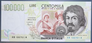 reverse: REPUBBLICA ITALIANA 100000 LIRE 1995 CARAVAGGIO 2° TIPO SERIE SOSTITUTIVA XB-A R SUP-qFDS