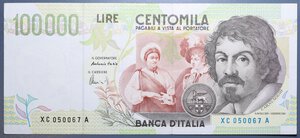 reverse: REPUBBLICA ITALIANA 100000 LIRE 1995 CARAVAGGIO 2° TIPO SERIE SOSTITUTIVA XC-A R BB-SPL
