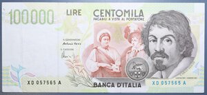 reverse: REPUBBLICA ITALIANA 100000 LIRE 1997 CARAVAGGIO 2° TIPO SERIE SOSTITUTIVA XD-A R BB-SPL/qSPL