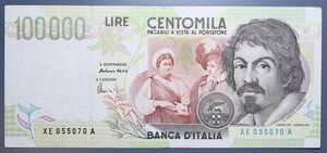 reverse: REPUBBLICA ITALIANA 100000 LIRE 1998 CARAVAGGIO 2° TIPO SERIE SOSTITUTIVA XE-A R BB-SPL
