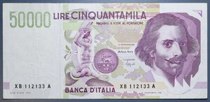 reverse: REPUBBLICA ITALIANA 50000 LIRE 1992 BERNINI 2° TIPO SERIE SOSTITUTIVA XB-A R BB+