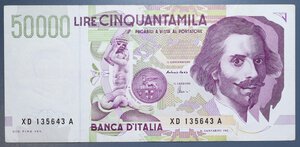 reverse: REPUBBLICA ITALIANA 50000 LIRE 1997 BERNINI 2° TIPO SERIE SOSTITUTIVA XD-A R qSPL