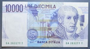 reverse: REPUBBLICA ITALIANA 10000 LIRE 3/9/1984 A. VOLTA VARIANTE NUMERI VERDI (RETRO TRATTATO) NC BB-SPL