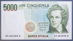 reverse: REPUBBLICA ITALIANA 5000 LIRE 1992 BELLINI SERIE SOSTITUTIVA XC-A R SUP
