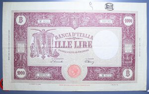 reverse: REPUBBLICA ITALIANA 1000 LIRE 12/7/1947 GRANDE M B.I. qSPL (SCRITTA E TIMBRO)