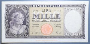 reverse: REPUBBLICA ITALIANA 1000 LIRE 1947 ITALIA ORNATA DI PERLE TESTINA SERIE SOSTITUTIVA W RRR BB+/BB-SPL (FORO)