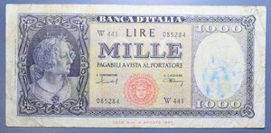 reverse: REPUBBLICA ITALIANA 1000 LIRE 1949 ITALIA ORNATA DI PERLE MEDUSA SERIE SOSTITUTIVA W RR MB-BB