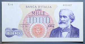 reverse: REPUBBLICA ITALIANA 1000 LIRE 1965 VERDI 1° TIPO SERIE SOSTITUTIVA X10 R SPL (MACCHIE)
