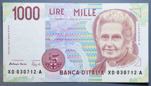 reverse: REPUBBLICA ITALIANA 1000 LIRE 1994 MONTESSORI SERIE SOSTITUTIVA XD-A RR qSPL