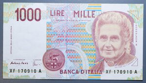 reverse: REPUBBLICA ITALIANA 1000 LIRE 1996 MONTESSORI SERIE SOSTITUTIVA XF-A SUP