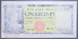 reverse: REPUBBLICA ITALIANA 500 LIRE 1948 ITALIA ORNATA DI SPIGHE SERIE SOSTITUTIVA W RR MB (TRATTATA)