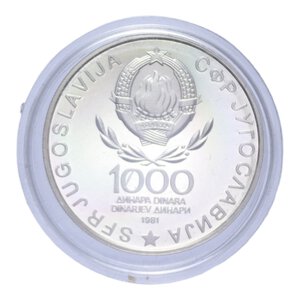 reverse: JUGOSLAVIA 1000 DINARA 1981 AG. 14 GR. PROOF IN COFANETTO